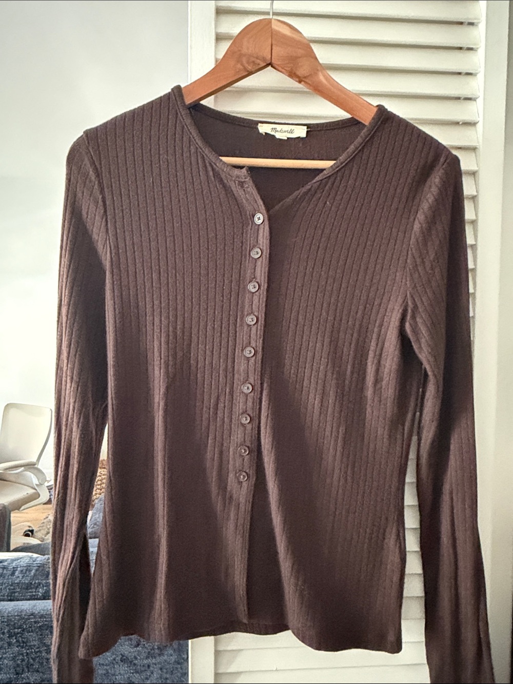 Madewell Chocolate Brown Ribbed Button-Front Long Sleeve Top